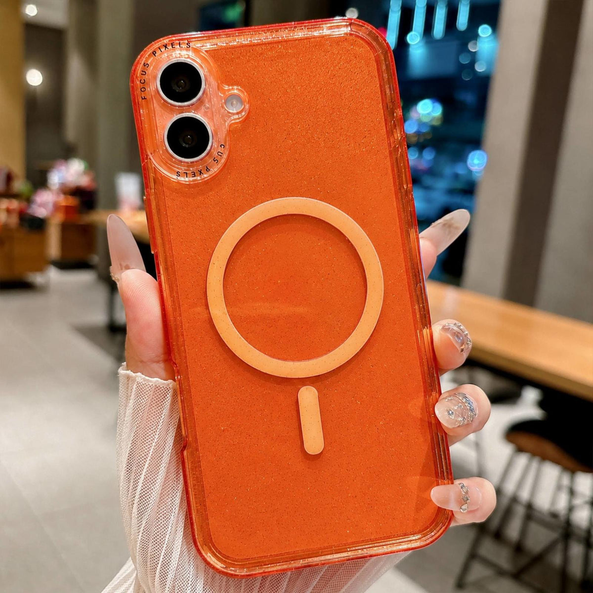 For iPhone 17 Glitter Letter Lens Frame Magnetic Phone Case - Orange - EDA009979113C