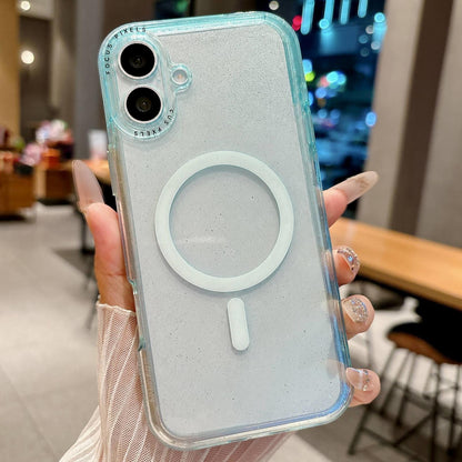 For iPhone 17 Glitter Letter Lens Frame Magnetic Phone Case - Blue - EDA009979113D