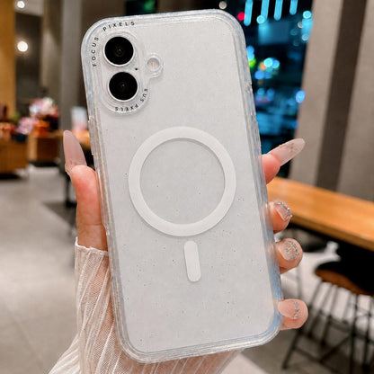 For iPhone 17 Glitter Letter Lens Frame Magnetic Phone Case - White - EDA009979113E