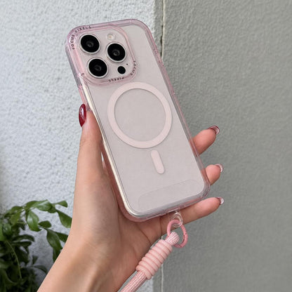For iPhone 13 Pro Glitter Letter Lens Frame Magnetic Phone Case with Wrist Strap - Pink - EDA009979502A