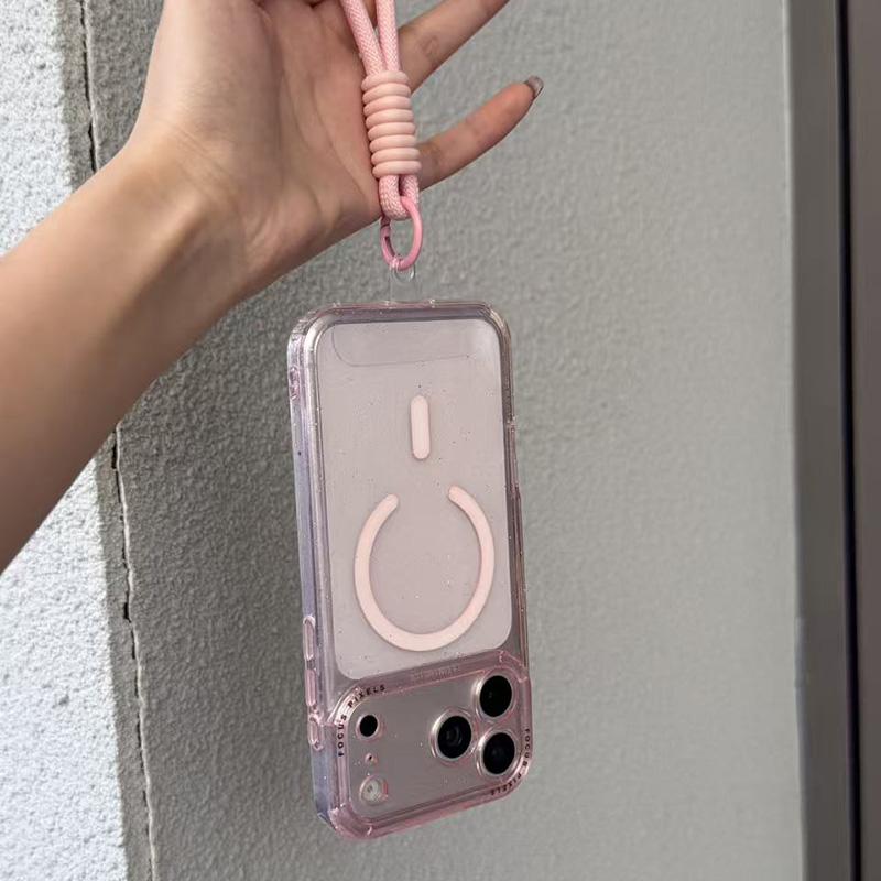 For iPhone 13 Pro Glitter Letter Lens Frame Magnetic Phone Case with Wrist Strap - Pink - EDA009979502A
