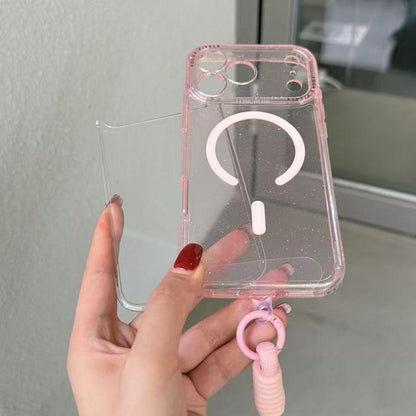 For iPhone 13 Pro Glitter Letter Lens Frame Magnetic Phone Case with Wrist Strap - Pink - EDA009979502A
