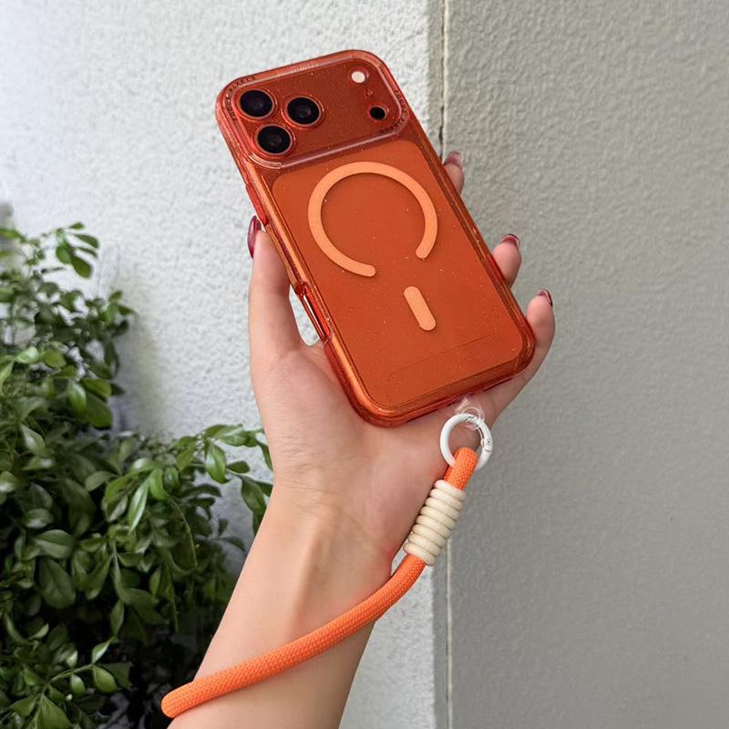 For iPhone 13 Pro Glitter Letter Lens Frame Magnetic Phone Case with Wrist Strap - Orange - EDA009979502C