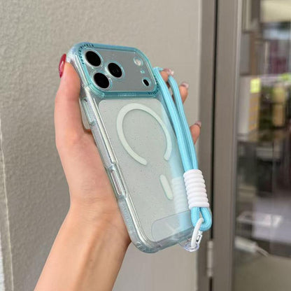 For iPhone 13 Pro Glitter Letter Lens Frame Magnetic Phone Case with Wrist Strap - Blue - EDA009979502D