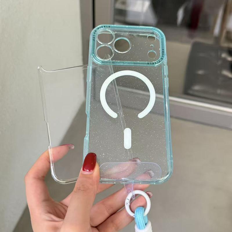 For iPhone 13 Pro Glitter Letter Lens Frame Magnetic Phone Case with Wrist Strap - Blue - EDA009979502D