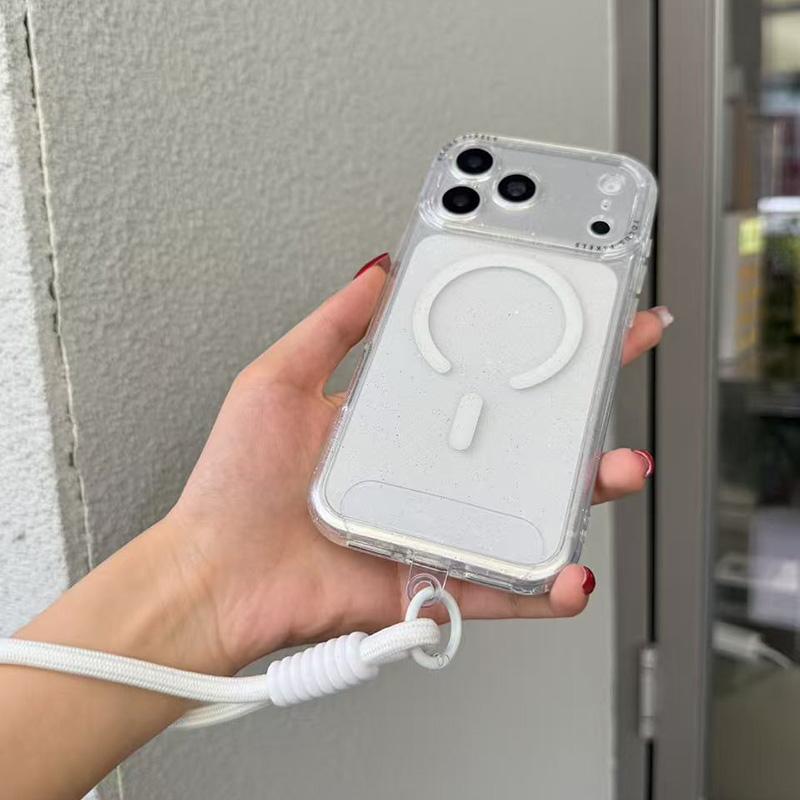For iPhone 13 Pro Glitter Letter Lens Frame Magnetic Phone Case with Wrist Strap - White - EDA009979502E