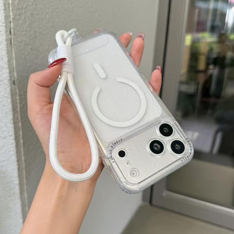 For iPhone 13 Pro Glitter Letter Lens Frame Magnetic Phone Case with Wrist Strap - White - EDA009979502E