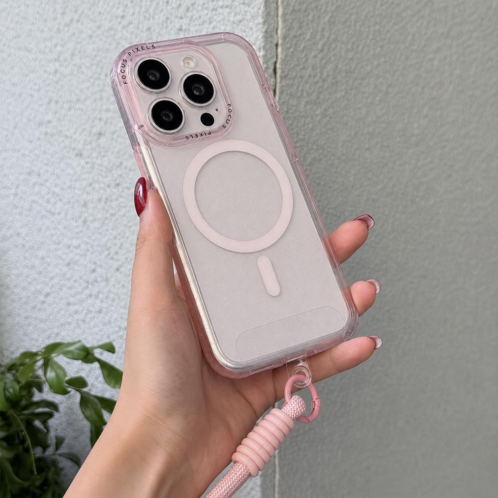 For iPhone 14 Pro Glitter Letter Lens Frame Magnetic Phone Case with Wrist Strap - Pink - EDA009979505A