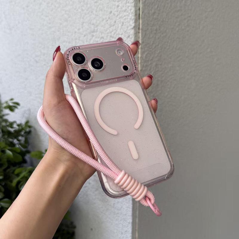 For iPhone 14 Pro Glitter Letter Lens Frame Magnetic Phone Case with Wrist Strap - Pink - EDA009979505A