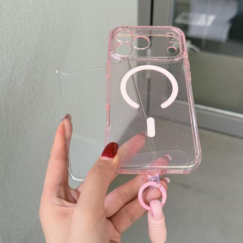 For iPhone 14 Pro Glitter Letter Lens Frame Magnetic Phone Case with Wrist Strap - Pink - EDA009979505A