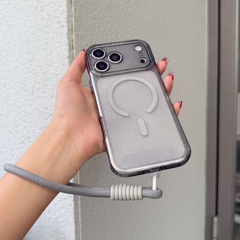 For iPhone 14 Pro Glitter Letter Lens Frame Magnetic Phone Case with Wrist Strap - Black - EDA009979505B
