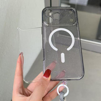 For iPhone 14 Pro Glitter Letter Lens Frame Magnetic Phone Case with Wrist Strap - Black - EDA009979505B