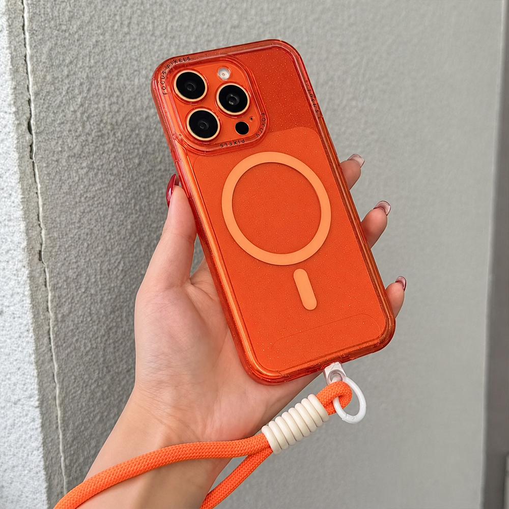 For iPhone 14 Pro Glitter Letter Lens Frame Magnetic Phone Case with Wrist Strap - Orange - EDA009979505C
