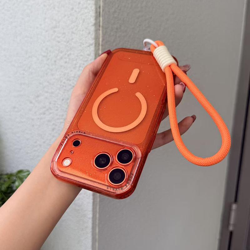 For iPhone 14 Pro Glitter Letter Lens Frame Magnetic Phone Case with Wrist Strap - Orange - EDA009979505C