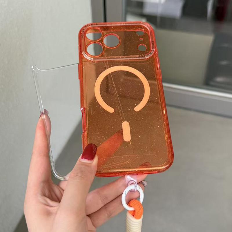 For iPhone 14 Pro Glitter Letter Lens Frame Magnetic Phone Case with Wrist Strap - Orange - EDA009979505C