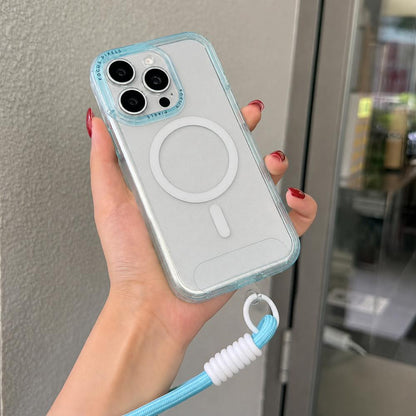 For iPhone 14 Pro Glitter Letter Lens Frame Magnetic Phone Case with Wrist Strap - Blue - EDA009979505D