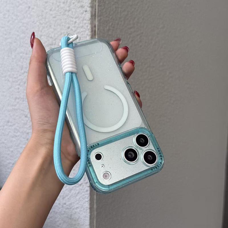 For iPhone 14 Pro Glitter Letter Lens Frame Magnetic Phone Case with Wrist Strap - Blue - EDA009979505D