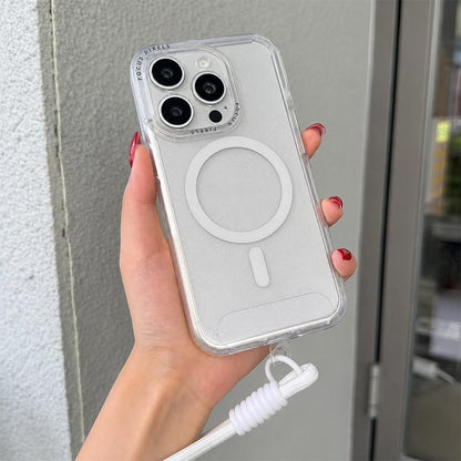 For iPhone 14 Pro Glitter Letter Lens Frame Magnetic Phone Case with Wrist Strap - White - EDA009979505E