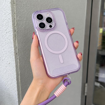 For iPhone 14 Pro Glitter Letter Lens Frame Magnetic Phone Case with Wrist Strap - Purple - EDA009979505F