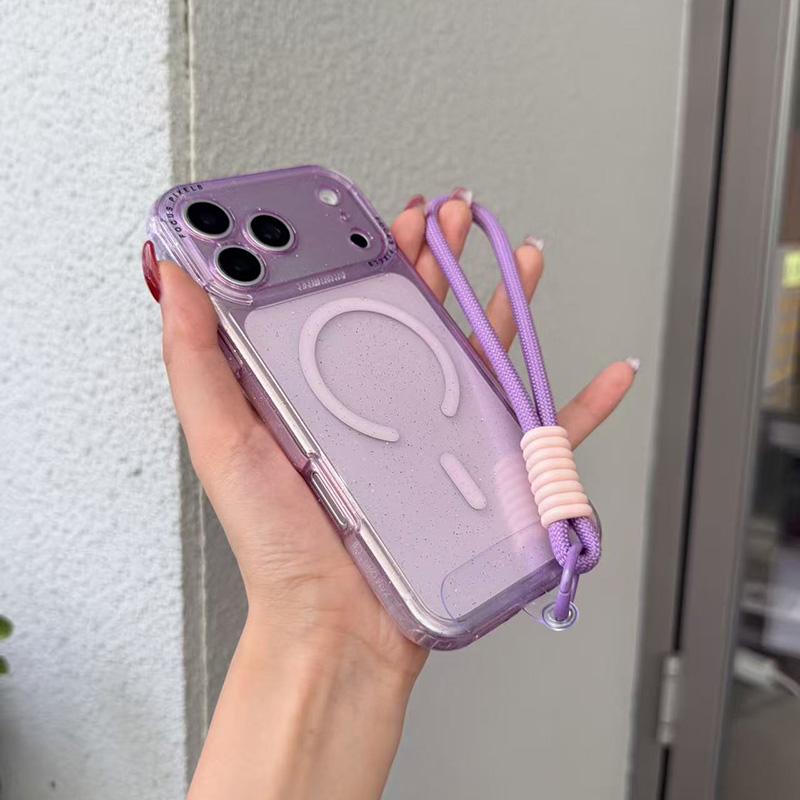 For iPhone 14 Pro Glitter Letter Lens Frame Magnetic Phone Case with Wrist Strap - Purple - EDA009979505F