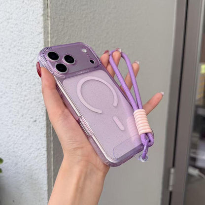For iPhone 14 Pro Glitter Letter Lens Frame Magnetic Phone Case with Wrist Strap - Purple - EDA009979505F