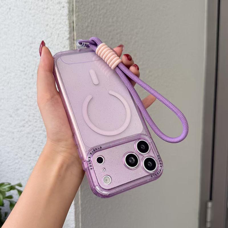 For iPhone 14 Pro Glitter Letter Lens Frame Magnetic Phone Case with Wrist Strap - Purple - EDA009979505F