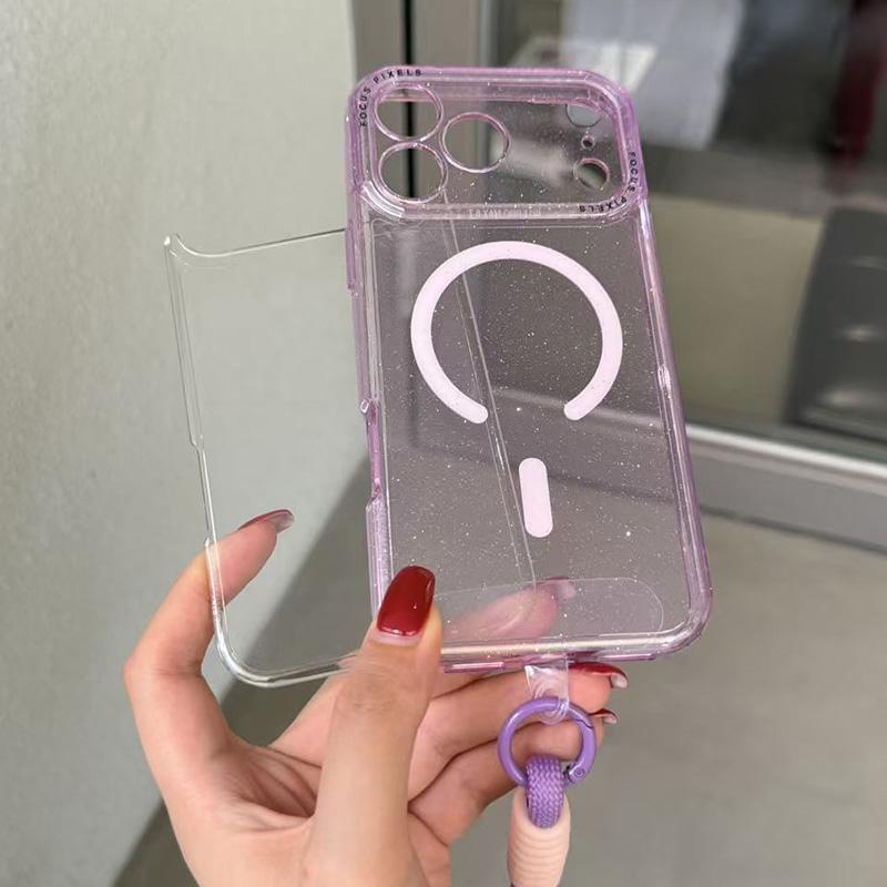 For iPhone 14 Pro Glitter Letter Lens Frame Magnetic Phone Case with Wrist Strap - Purple - EDA009979505F