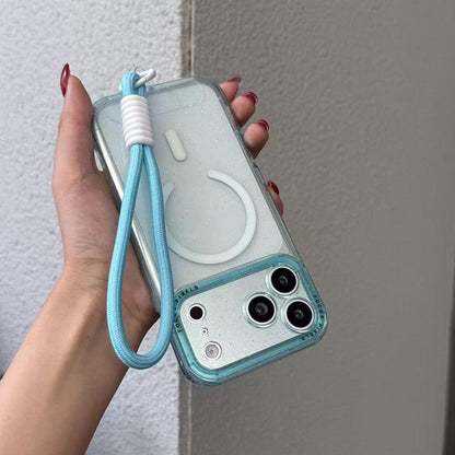 For iPhone 14 Pro Max Glitter Letter Lens Frame Magnetic Phone Case with Wrist Strap - Blue - EDA009979506D