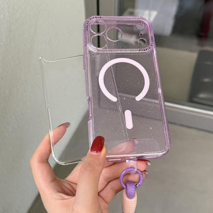 For iPhone 14 Pro Max Glitter Letter Lens Frame Magnetic Phone Case with Wrist Strap - Purple - EDA009979506F