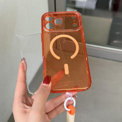 For iPhone 16 Pro Max Glitter Letter Lens Frame Magnetic Phone Case with Wrist Strap - Orange - EDA009979512C
