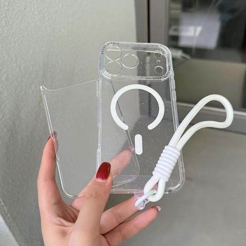 For iPhone 16 Pro Max Glitter Letter Lens Frame Magnetic Phone Case with Wrist Strap - White - EDA009979512E