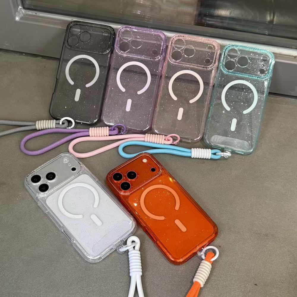 For iPhone 13 Pro Glitter Letter Lens Frame Magnetic Phone Case with Wrist Strap - White - EDA009979502E