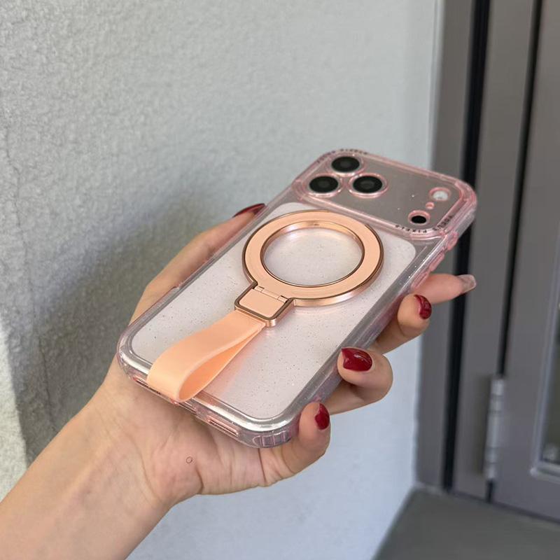 For iPhone 15 Pro Max Glitter Letter Lens Frame Magnetic Phone Case with Holder - Pink - EDA009979709A