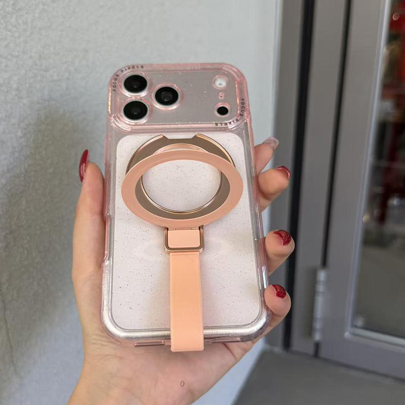 For iPhone 15 Pro Max Glitter Letter Lens Frame Magnetic Phone Case with Holder - Pink - EDA009979709A