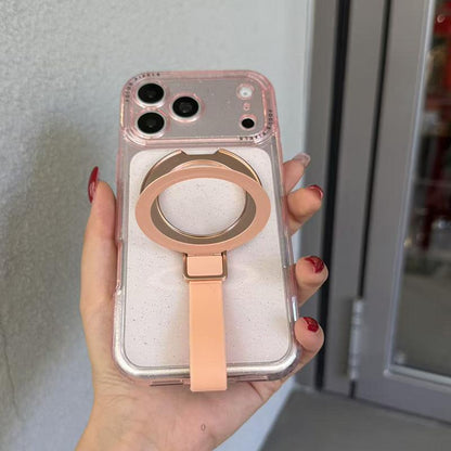 For iPhone 15 Pro Max Glitter Letter Lens Frame Magnetic Phone Case with Holder - Pink - EDA009979709A