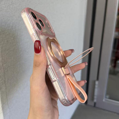 For iPhone 15 Pro Max Glitter Letter Lens Frame Magnetic Phone Case with Holder - Pink - EDA009979709A