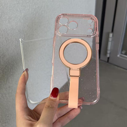 For iPhone 15 Pro Max Glitter Letter Lens Frame Magnetic Phone Case with Holder - Pink - EDA009979709A