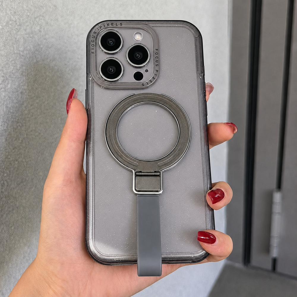 For iPhone 15 Pro Max Glitter Letter Lens Frame Magnetic Phone Case with Holder - Black - EDA009979709B