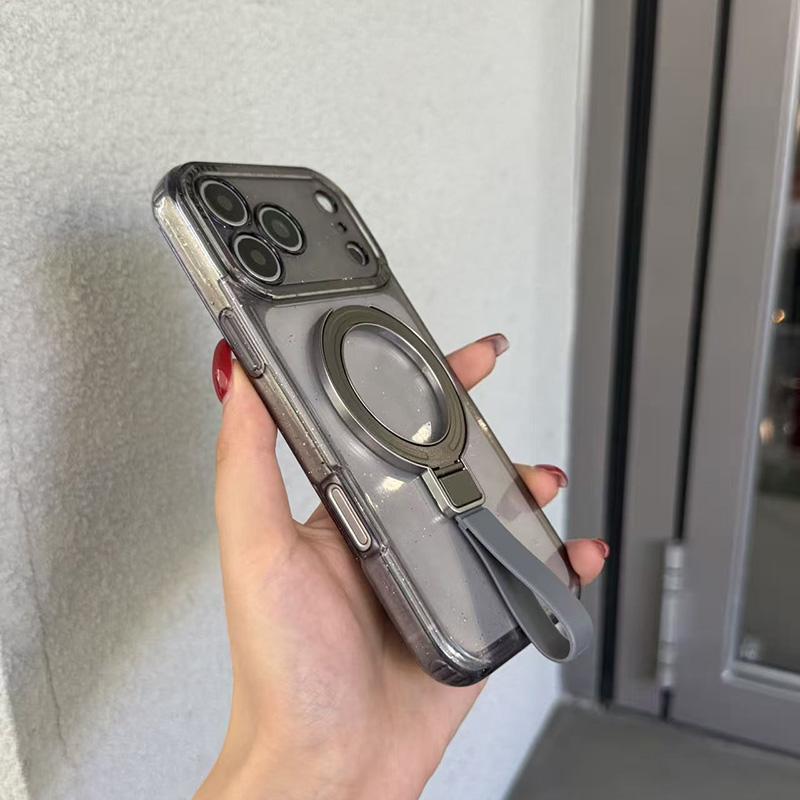 For iPhone 15 Pro Max Glitter Letter Lens Frame Magnetic Phone Case with Holder - Black - EDA009979709B