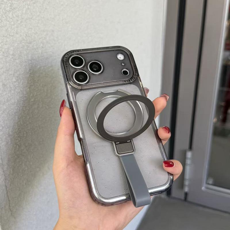 For iPhone 15 Pro Max Glitter Letter Lens Frame Magnetic Phone Case with Holder - Black - EDA009979709B