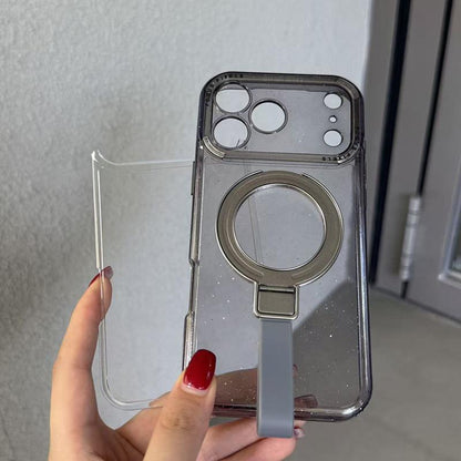 For iPhone 15 Pro Max Glitter Letter Lens Frame Magnetic Phone Case with Holder - Black - EDA009979709B