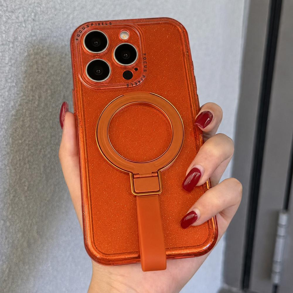 For iPhone 15 Pro Max Glitter Letter Lens Frame Magnetic Phone Case with Holder - Orange - EDA009979709C