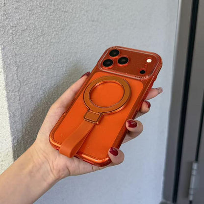 For iPhone 15 Pro Max Glitter Letter Lens Frame Magnetic Phone Case with Holder - Orange - EDA009979709C
