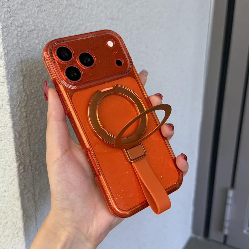 For iPhone 15 Pro Max Glitter Letter Lens Frame Magnetic Phone Case with Holder - Orange - EDA009979709C
