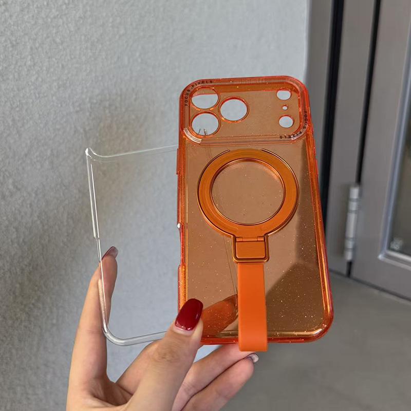 For iPhone 15 Pro Max Glitter Letter Lens Frame Magnetic Phone Case with Holder - Orange - EDA009979709C