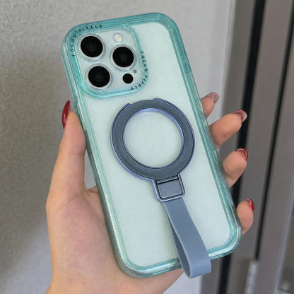 For iPhone 15 Pro Max Glitter Letter Lens Frame Magnetic Phone Case with Holder - Blue - EDA009979709D