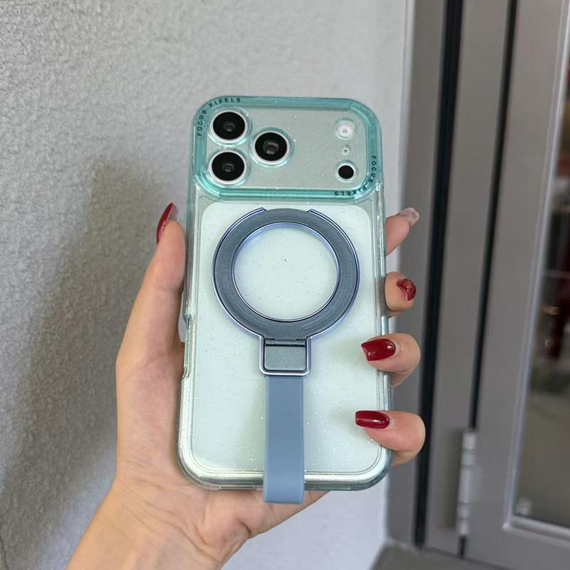 For iPhone 15 Pro Max Glitter Letter Lens Frame Magnetic Phone Case with Holder - Blue - EDA009979709D