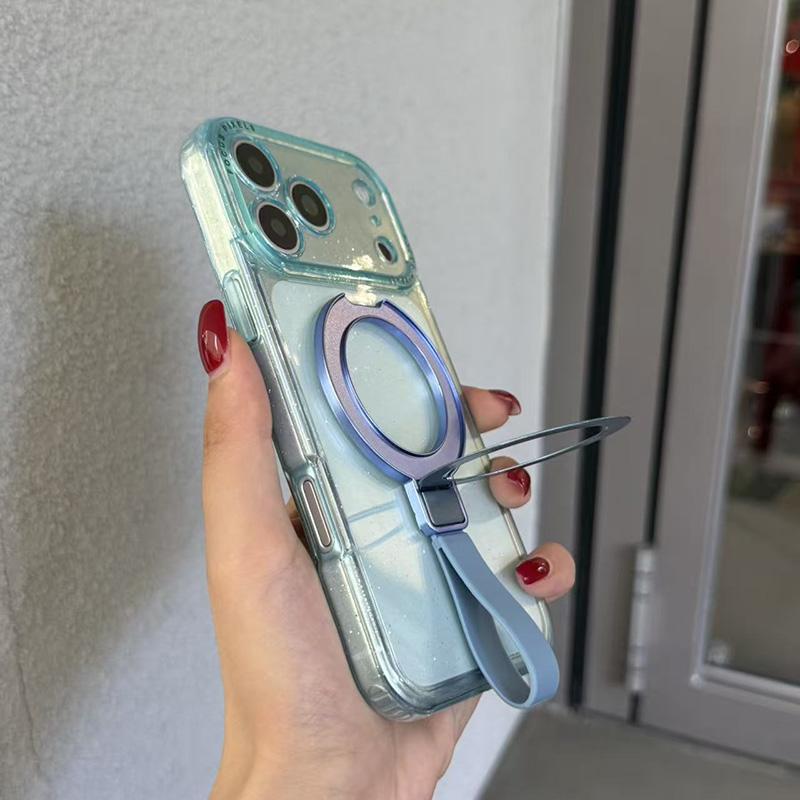 For iPhone 15 Pro Max Glitter Letter Lens Frame Magnetic Phone Case with Holder - Blue - EDA009979709D