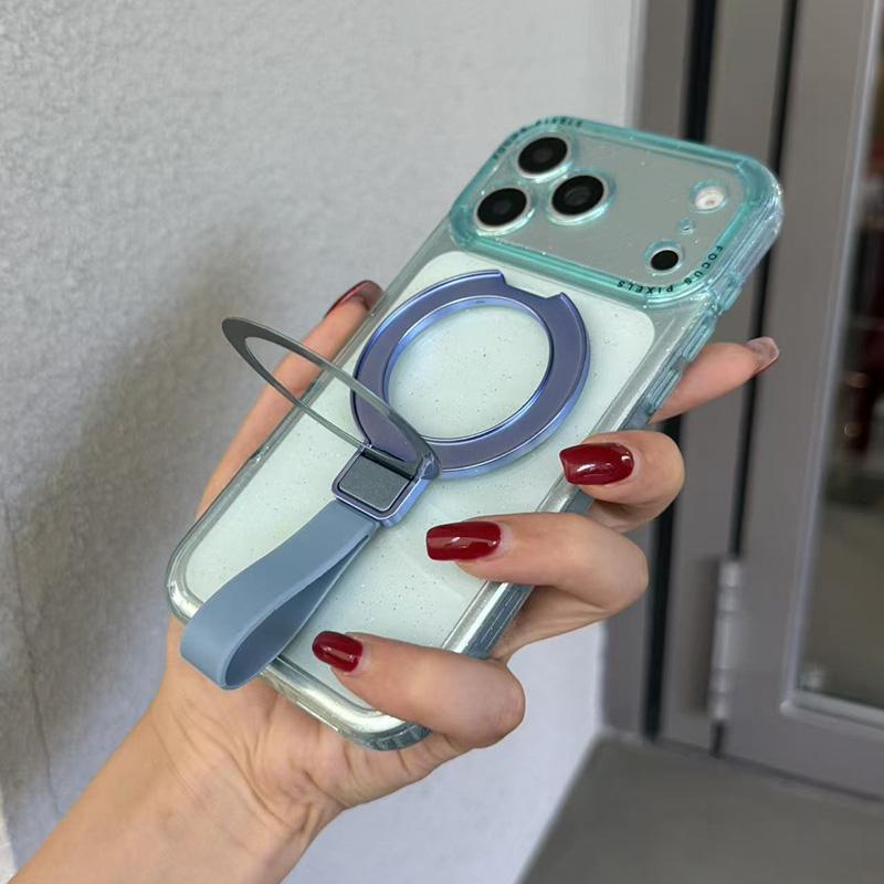 For iPhone 15 Pro Max Glitter Letter Lens Frame Magnetic Phone Case with Holder - Blue - EDA009979709D