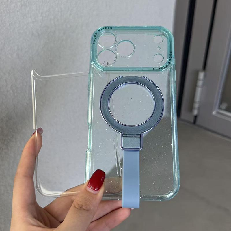 For iPhone 15 Pro Max Glitter Letter Lens Frame Magnetic Phone Case with Holder - Blue - EDA009979709D